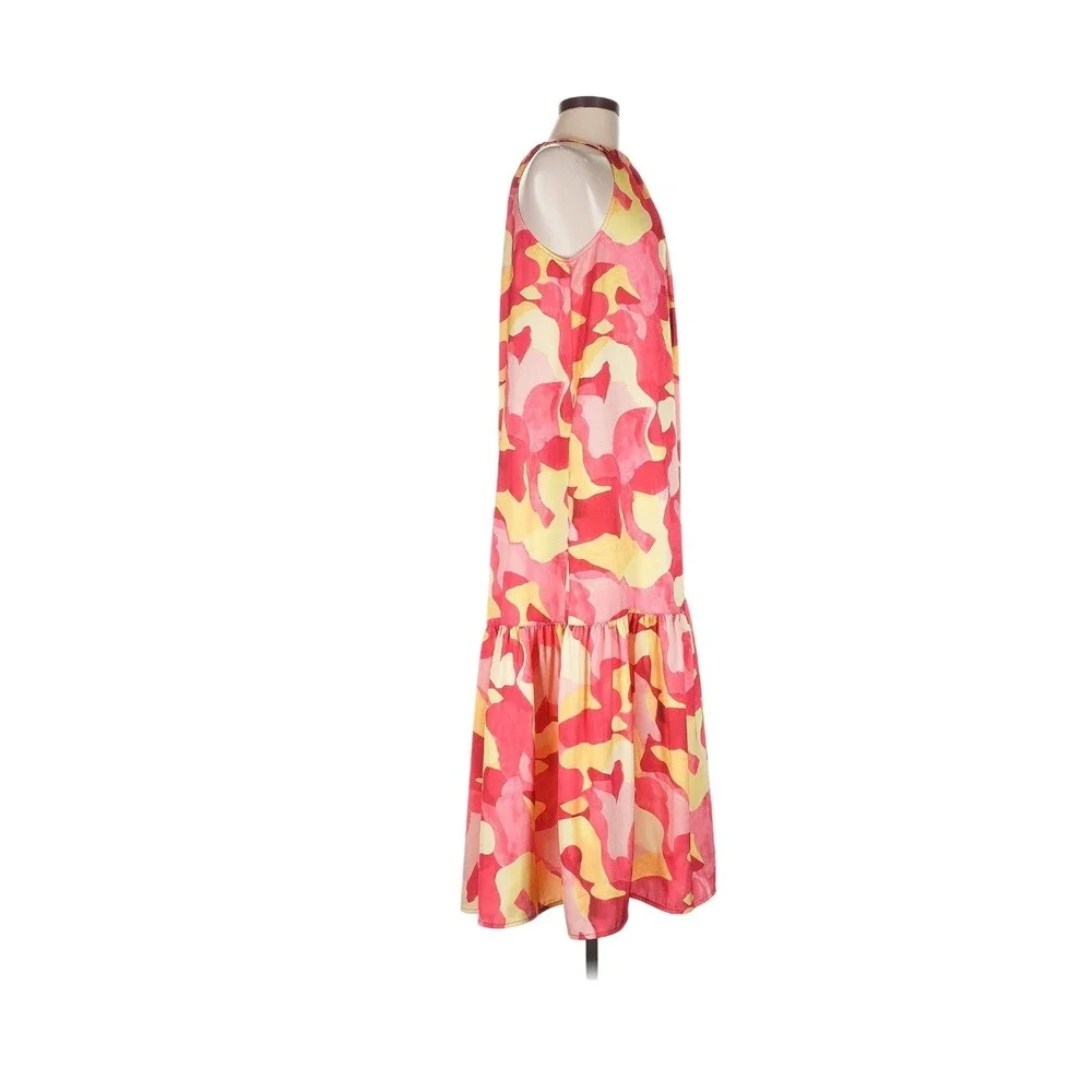 MING WANG Maxi Dress Size M Pink Yellow Camo Halter Sleeveless‎ Vacation